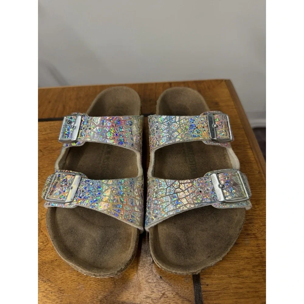 Birkenstock Arizona Sandals girls 31 Metallic Silver Slide Mermaid Shoes Shimmer